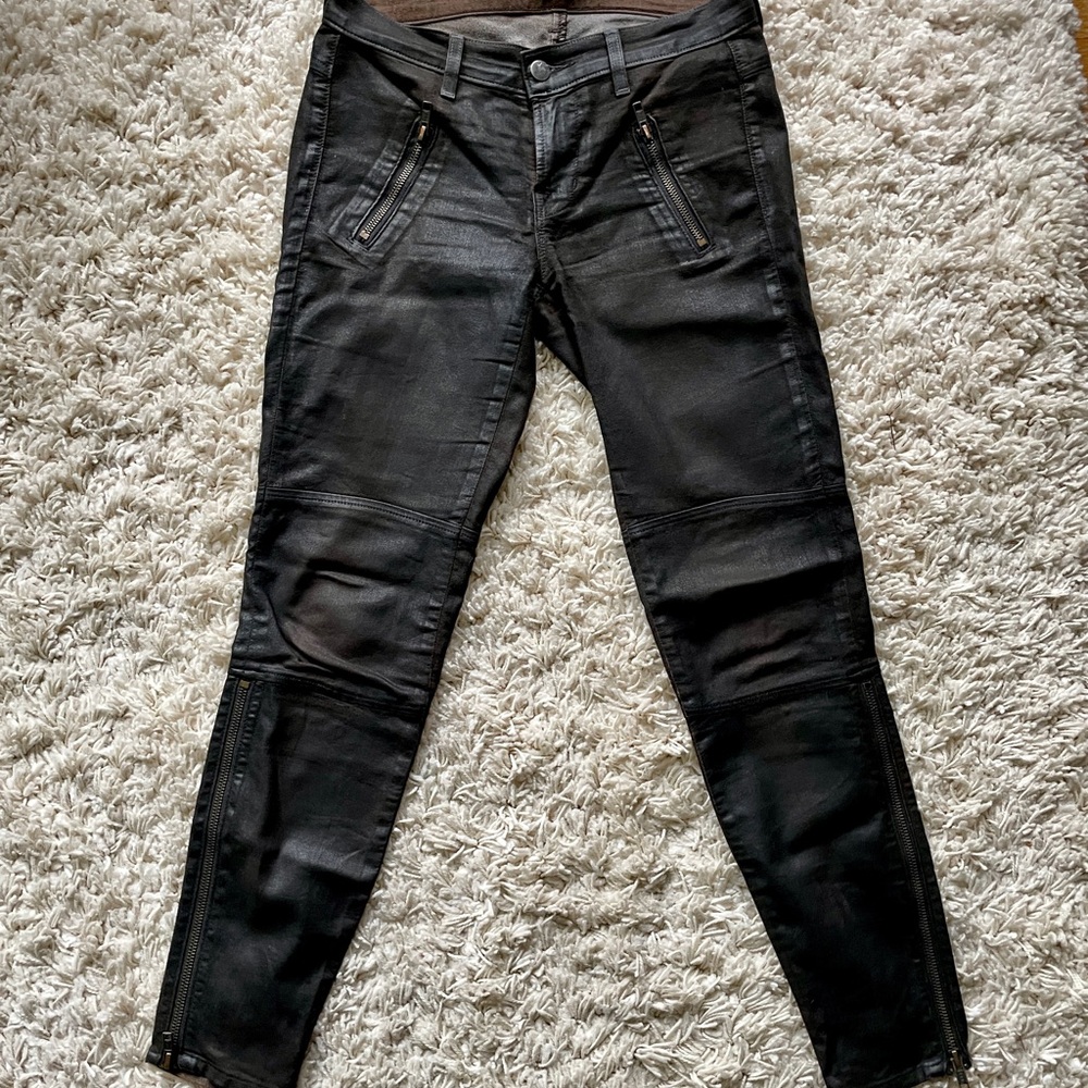 J Brand Moto skinny waxed black jeans zipper legs sz 25